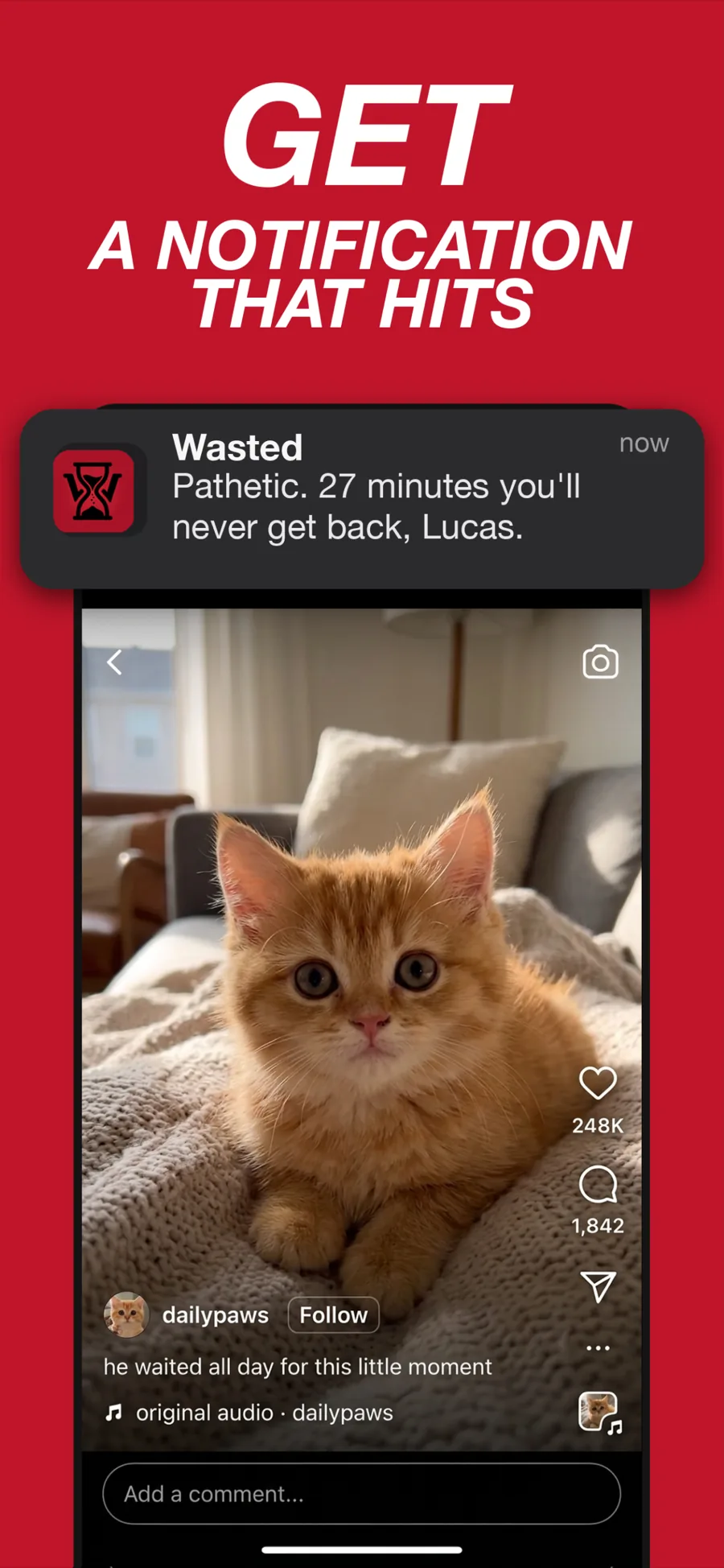 Instagram on a phone with Wasted notifications counting elapsed time.